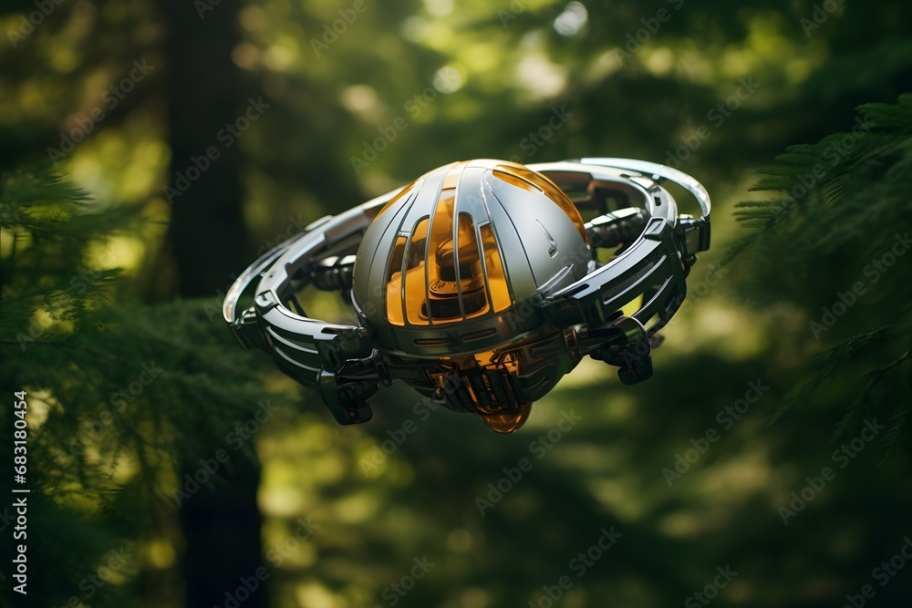 Silver and Yellow Object Standing Alone in the Heart of a Lush Forest Generative AI Silver and Yellow Object Standing Alone in the Heart of a Lush Forest Generative AI