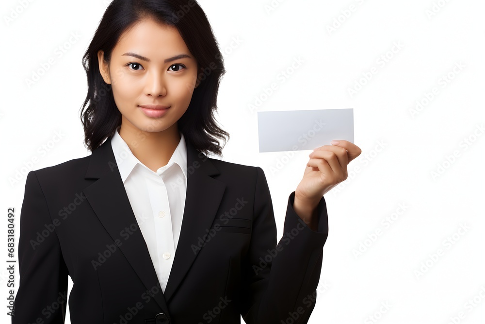 Confident Businesswoman Holding Blank Card for Your Text or Logo Placement in Corporate Setting Generative AI Confident Businesswoman Holding Blank Card for Your Text or Logo Placement in Corporate Setting Generative AI