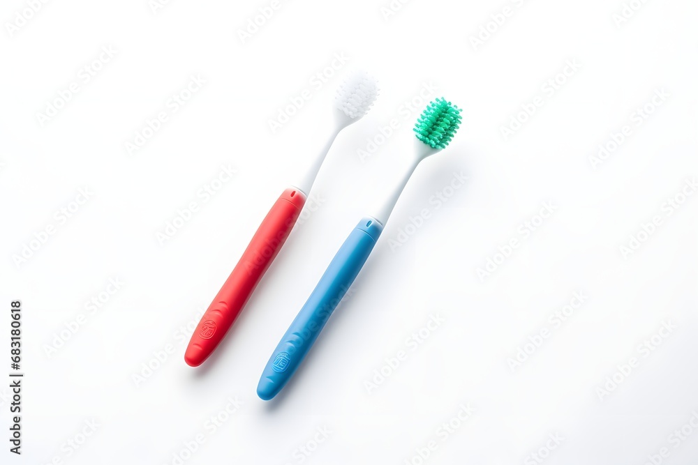 Two Colorful Toothbrushes Placed on a Clean White Surface for Dental Hygiene and Oral Care Generative AI Two Colorful Toothbrushes Placed on a Clean White Surface for Dental Hygiene and Oral Care Generative AI