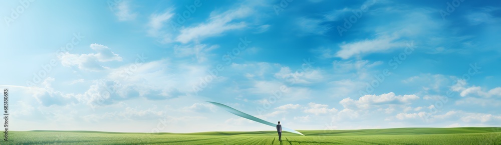 Man in awe of the majestic wing in a vast open field with blue sky and clouds in the background Generative AI