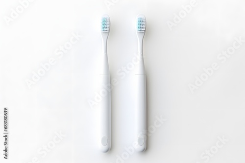 Two Toothbrushes with Blue Dot on White Surface for Dental Hygiene and Oral Care Concept Generative AI
