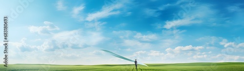 Man in awe of the majestic wing in a vast open field with blue sky and clouds in the background Generative AI