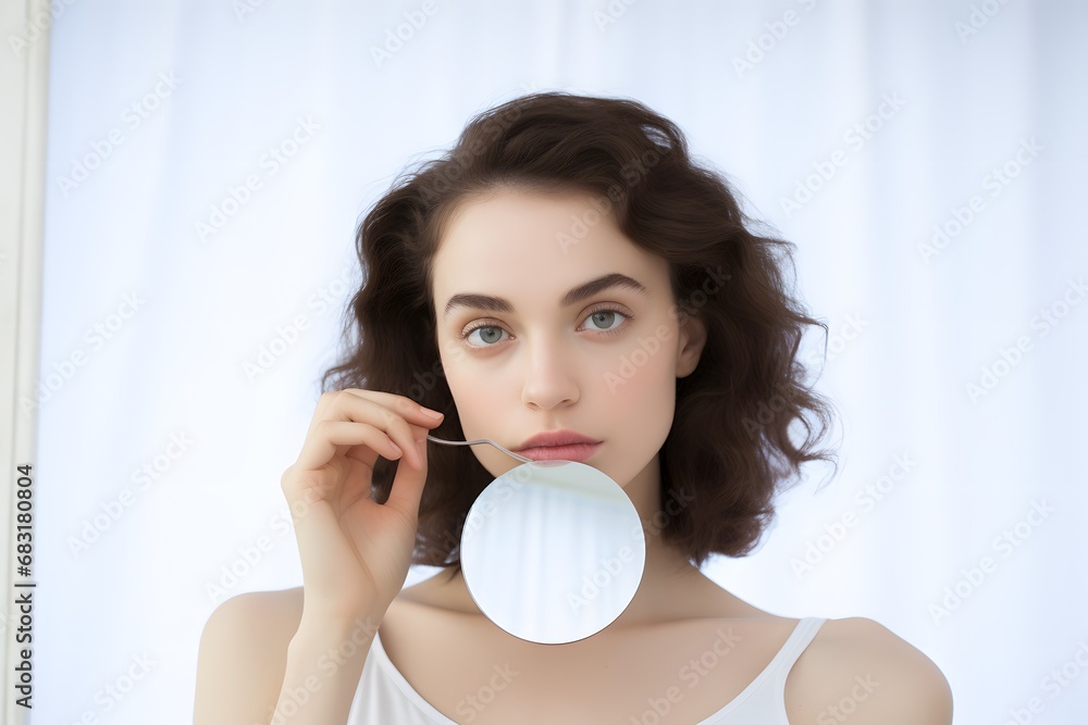 Unconventional Beauty Routine Woman Multitasking with Mirror and Spoon in Mouth Generative AI Unconventional Beauty Routine Woman Multitasking with Mirror and Spoon in Mouth Generative AI