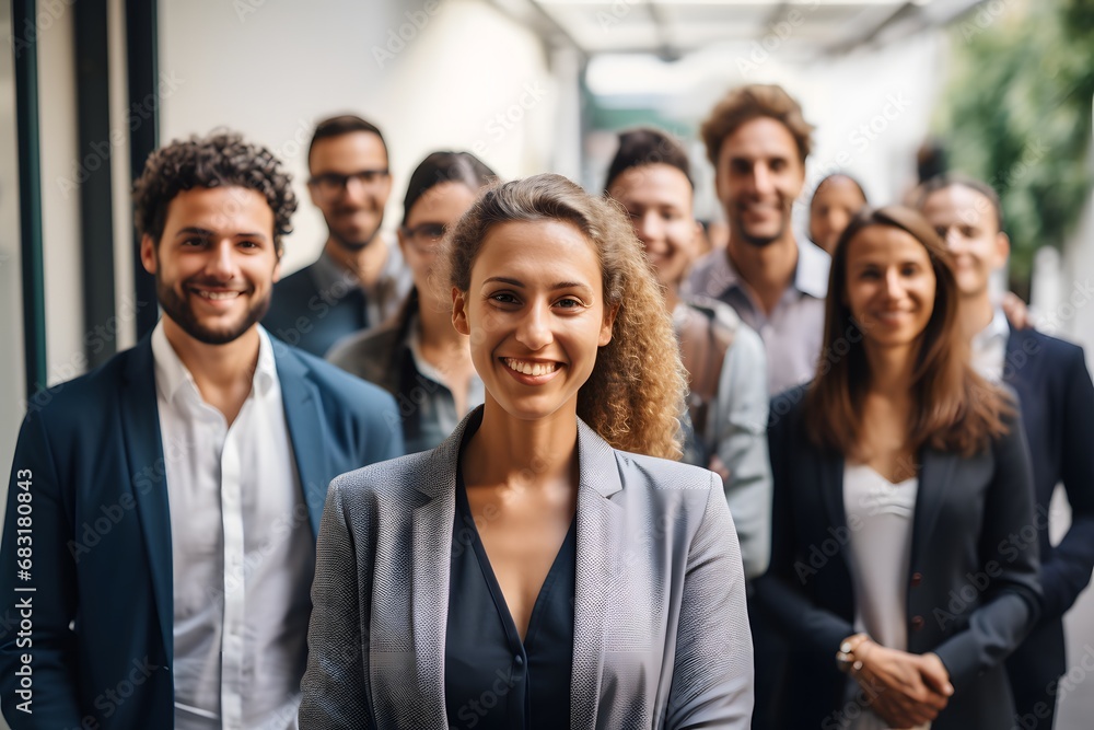 Confident and Happy Woman Leading a Group of Diverse People with Smiles and Positivity Generative AI Confident and Happy Woman Leading a Group of Diverse People with Smiles and Positivity Generative AI
