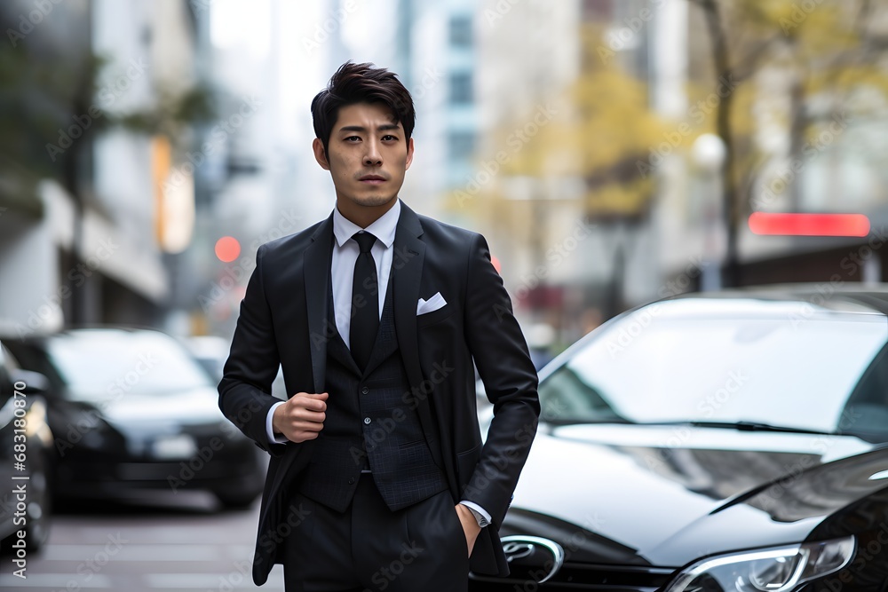 Confident Asian Businessman in Formal Attire Striding Down Busy City Street with Purpose and Determination. Generative AI Confident Asian Businessman in Formal Attire Striding Down Busy City Street with Purpose and Determination. Generative AI