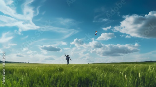 Man enjoying a sunny day flying a colorful kite in a vast green field with clear blue sky in the background. Generative AI