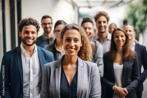 Confident and Happy Woman Leading a Group of Diverse People with Smiles and Positivity Generative AI photo