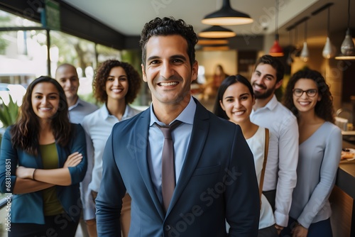 Confident Businessman Leading a Successful Team of Professionals with a Smile Generative AI photo