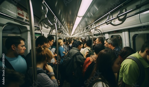 Crowded Subway Car with Commuters Facing Away from Camera during Rush Hour Commute in Urban City Generative AI