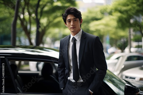 Confident Businessman in a Sharp Suit Standing Proudly Next to His Luxurious Car in the City Generative AI © bipul