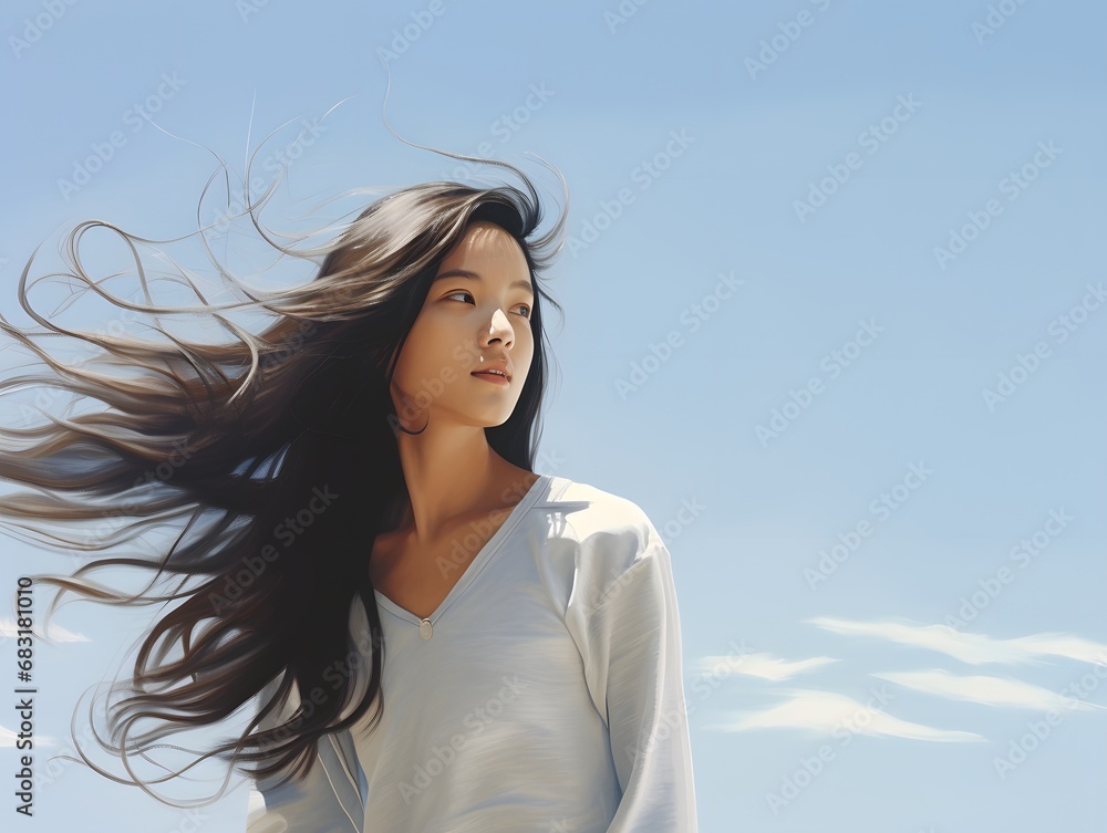 Beautiful young woman with long hair standing in the warm sunlight, enjoying the beauty of nature. Generative AI