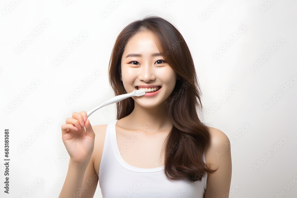 Happy woman with a toothbrush in her mouth enjoying her morning routine of dental hygiene Generative AI Happy woman with a toothbrush in her mouth enjoying her morning routine of dental hygiene Generative AI