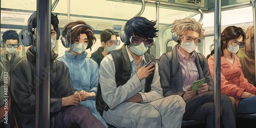 Commuters Wearing Masks on Subway Train During Pandemic with Seated Passengers in Background Generative AI