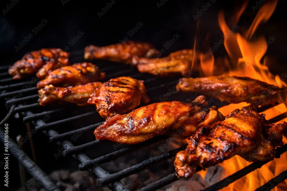 Grilled chicken wings sizzling over open flames on a summer day Generative AI