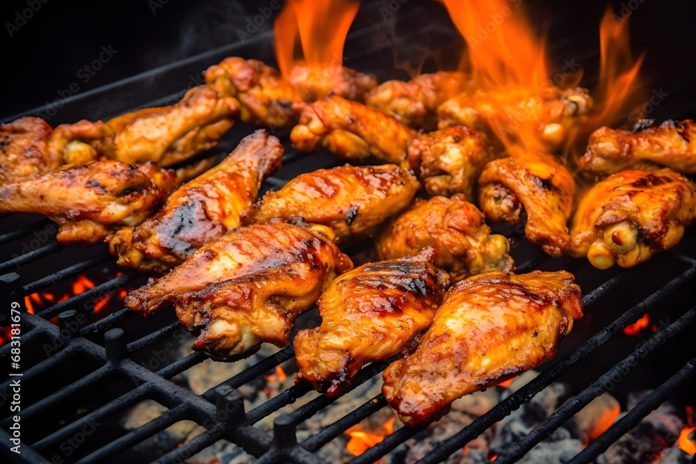 Grilled chicken wings sizzling over open flames on a summer day Generative AI Grilled chicken wings sizzling over open flames on a summer day Generative AI