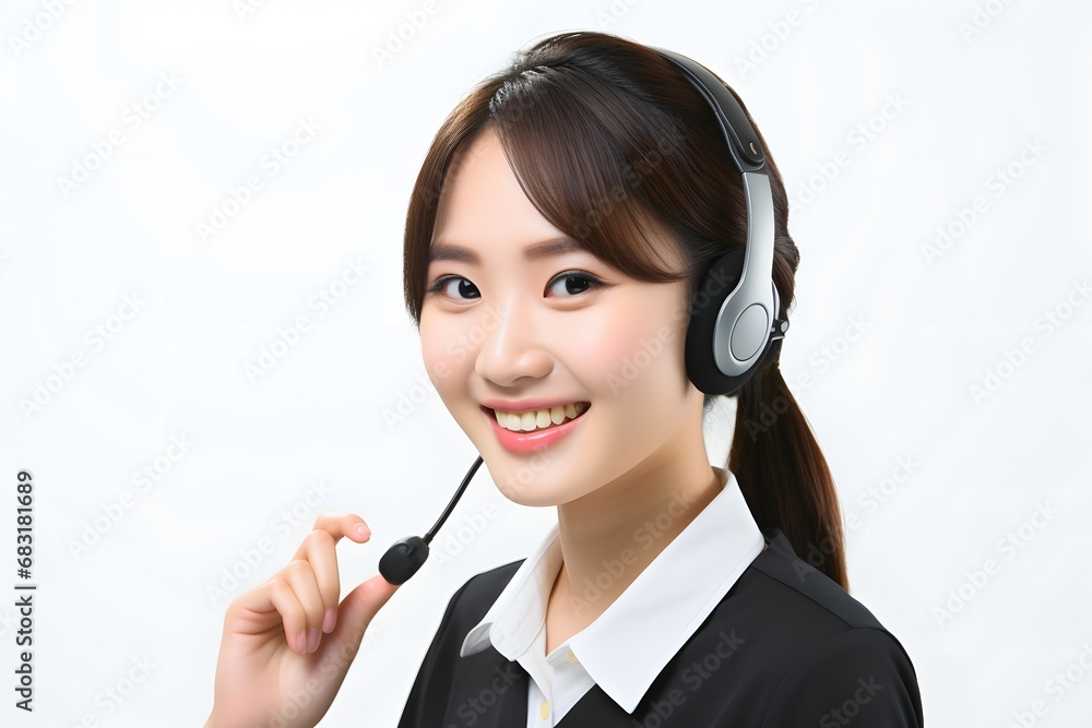 Happy Asian woman with headset and microphone, working from home as a customer service representative. Generative AI Happy Asian woman with headset and microphone, working from home as a customer service representative. Generative AI
