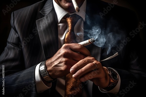 Sophisticated businessman in a tailored suit enjoying a cigar and checking his watch with confidence. Generative AI