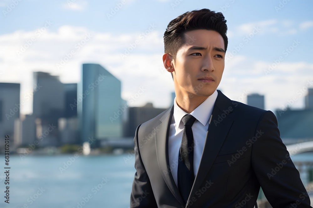 Confident Asian Businessman in Formal Attire Posing by the Water's Edge with a Serene Background Generative AI Confident Asian Businessman in Formal Attire Posing by the Water's Edge with a Serene Background Generative AI