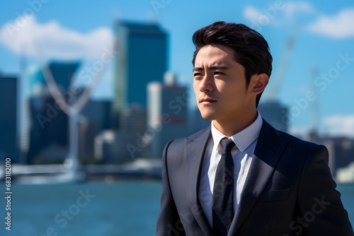 Confident Asian Businessman in Formal Attire Standing Proudly in Front of a Bustling Cityscape Generative AI