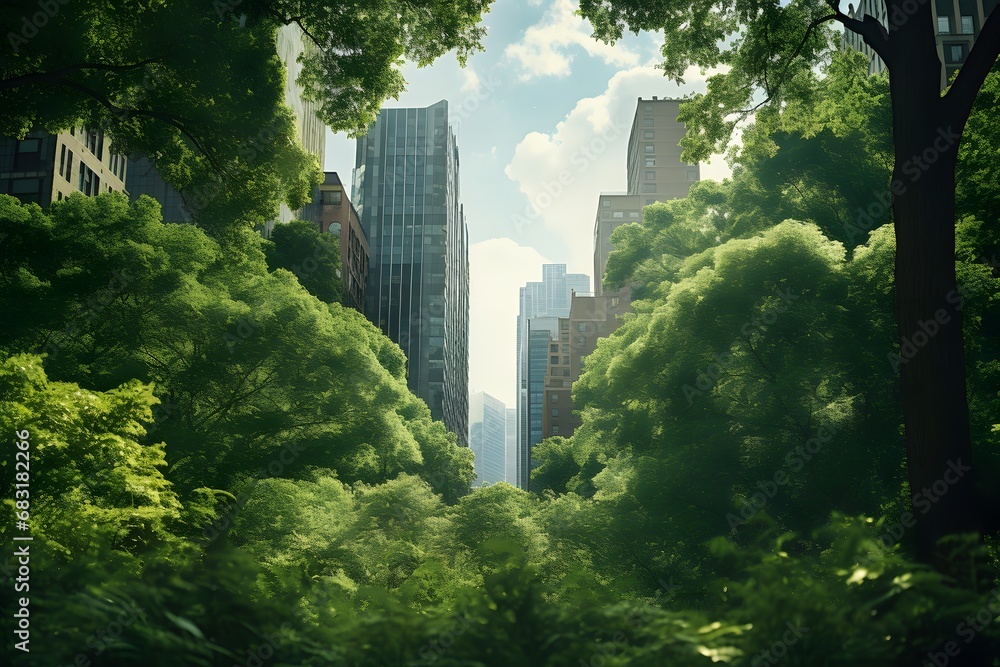 Serene City Escape Lush Trees and Bushes in a Park with Towering Buildings in the Background Generative AI
