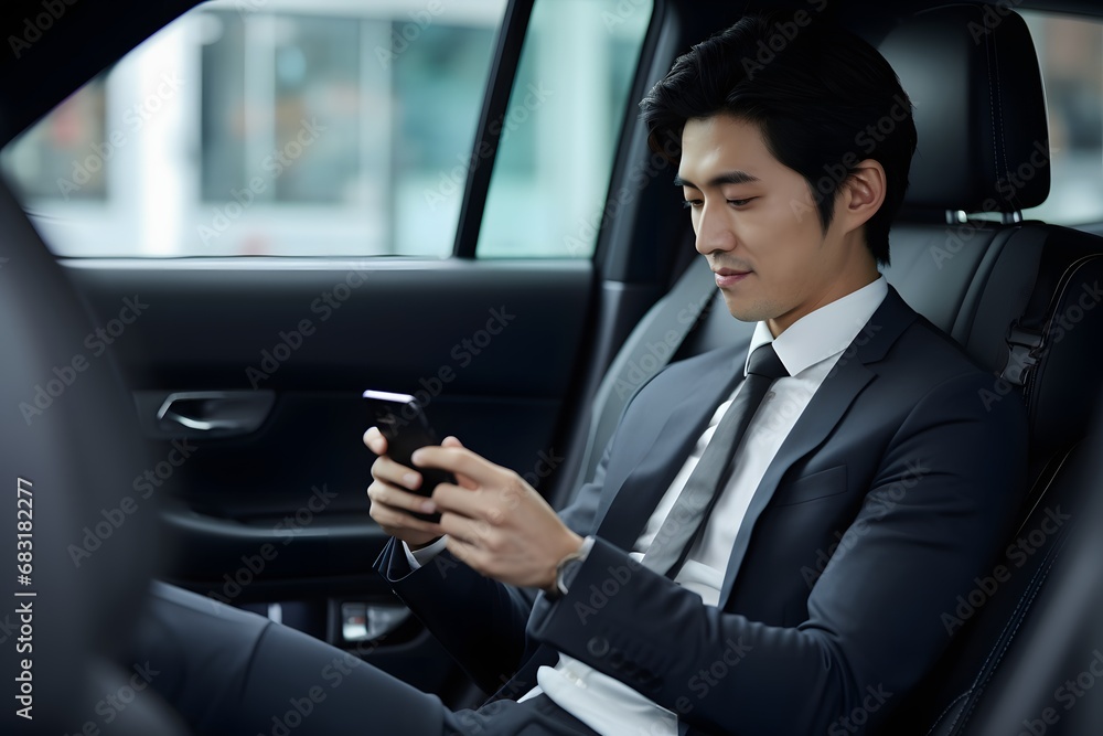 Businessman in Formal Attire Checking Phone While Seated in Car Generative AI Businessman in Formal Attire Checking Phone While Seated in Car Generative AI