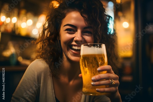 Happy woman enjoying a refreshing glass of beer at a lively bar with friends and good vibes. Generative AI