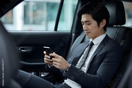 Businessman in Formal Attire Checking Phone While Seated in Car Generative AI © bipul