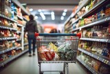 Busy Grocery Store Aisle with Shoppers Passing by Arafed Shopping Cart Filled with Groceries Generative AI