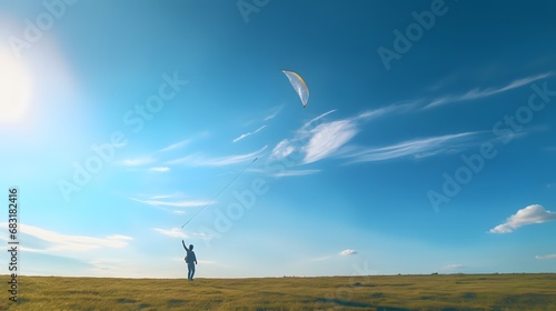 Happy Giraffe Enjoying a Sunny Day Flying a Colorful Kite in a Wide Open Field with Blue Sky Background Generative AI