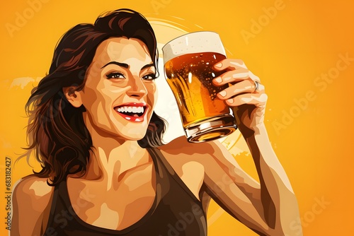 Happy Hour Smiling Woman Enjoying a Cold Beer in Her Hand at a Local Bar or Pub Generative AI