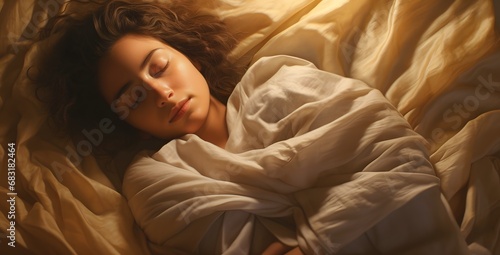 Peaceful Slumber A Relaxed Woman Sleeping Comfortably in Bed with a Cozy Blanket and Soft Pillow Generative AI