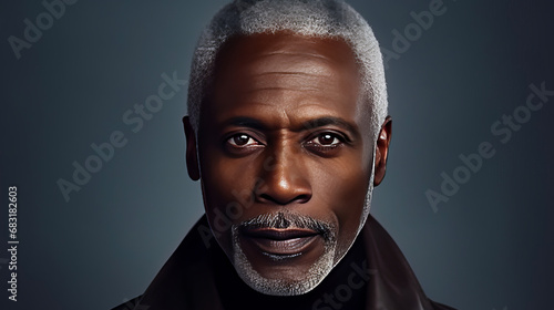 Handsome elegant, elderly African American man, on a silver background, banner, close-up, copy space. photo