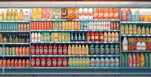 Assorted Beverages on Supermarket Shelves A Variety of Sodas and Juices for Every Taste and Preference Generative AI