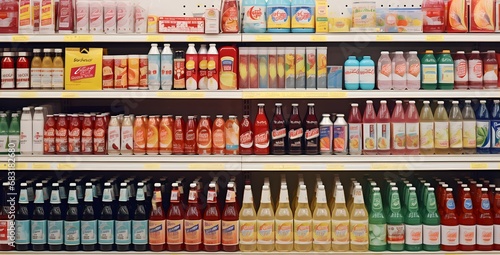 Assorted Beverages and Drinks Displayed on Shelves in a Store Generative AI