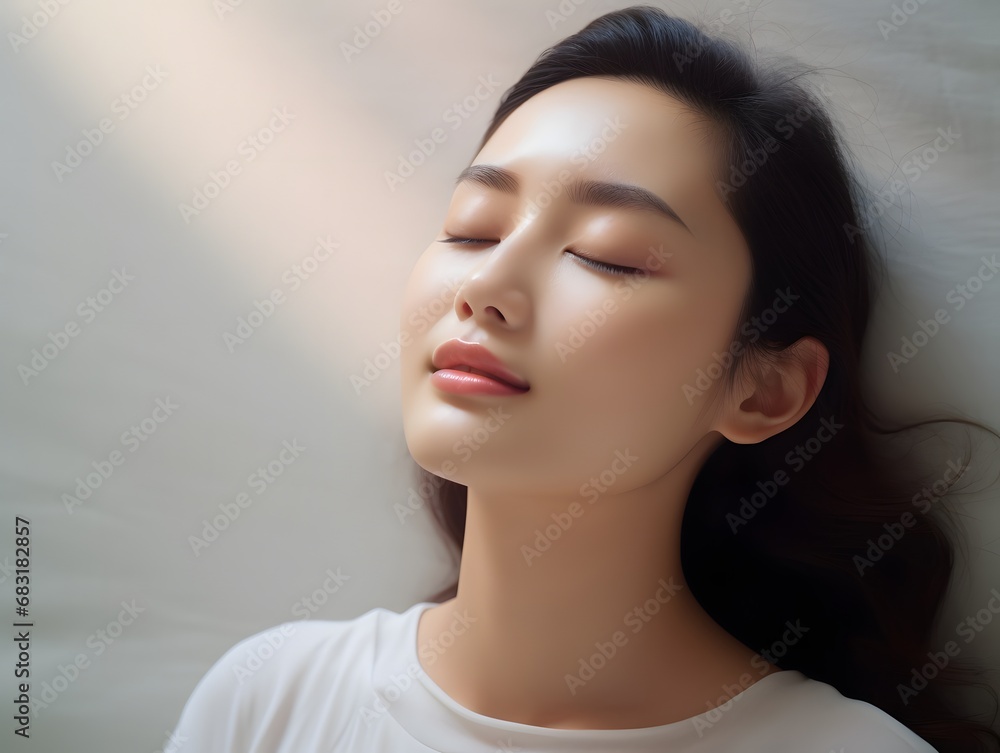Relaxing in Comfort Serene Woman with Closed Eyes Resting on Bed in Peaceful Surroundings Generative AI Relaxing in Comfort Serene Woman with Closed Eyes Resting on Bed in Peaceful Surroundings Generative AI