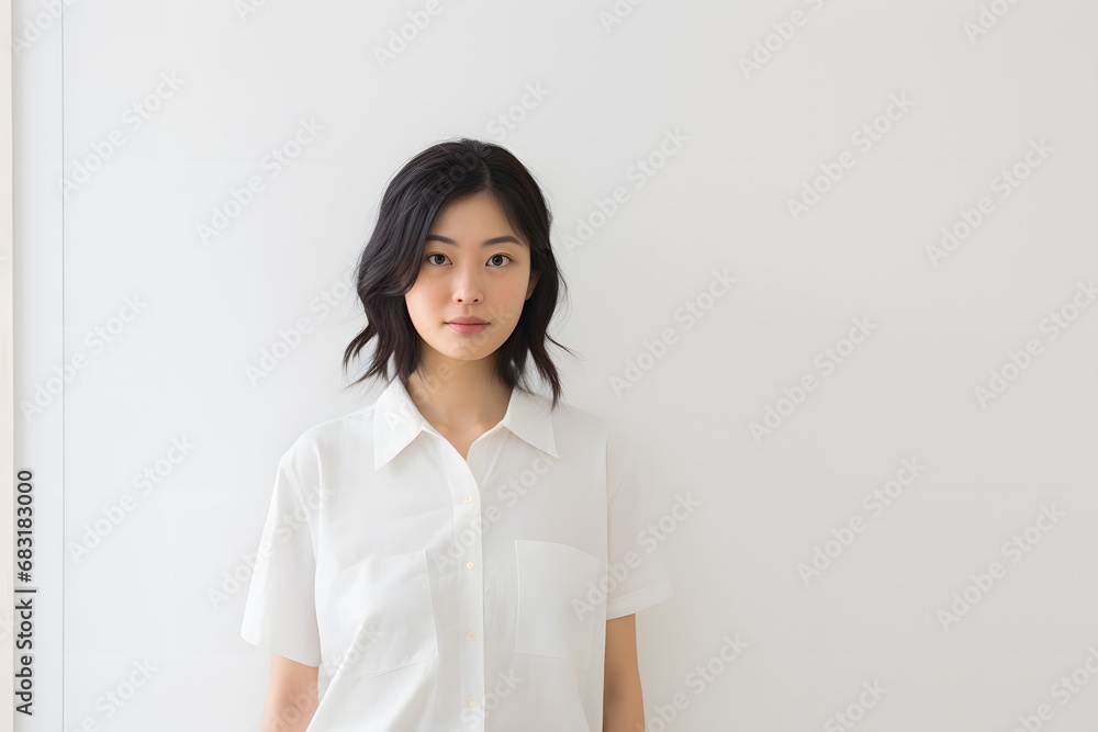 Confident young woman in white shirt and black pants standing against a textured wall with arms crossed Generative AI Confident young woman in white shirt and black pants standing against a textured wall with arms crossed Generative AI
