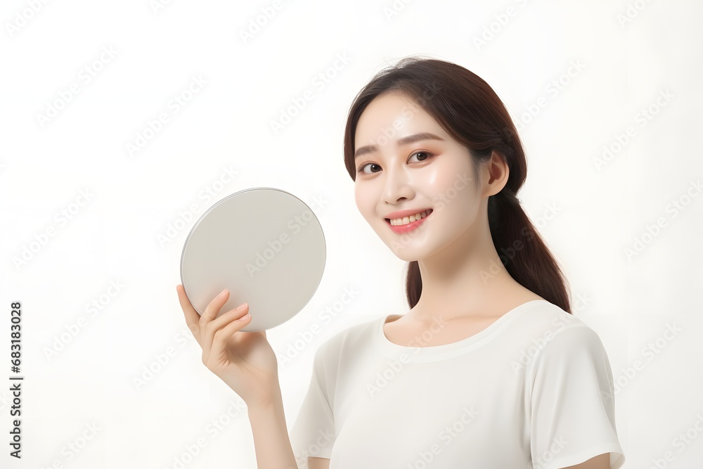 Beautiful young woman admiring herself in the mirror while holding a giraffe plush toy Generative AI Beautiful young woman admiring herself in the mirror while holding a giraffe plush toy Generative AI