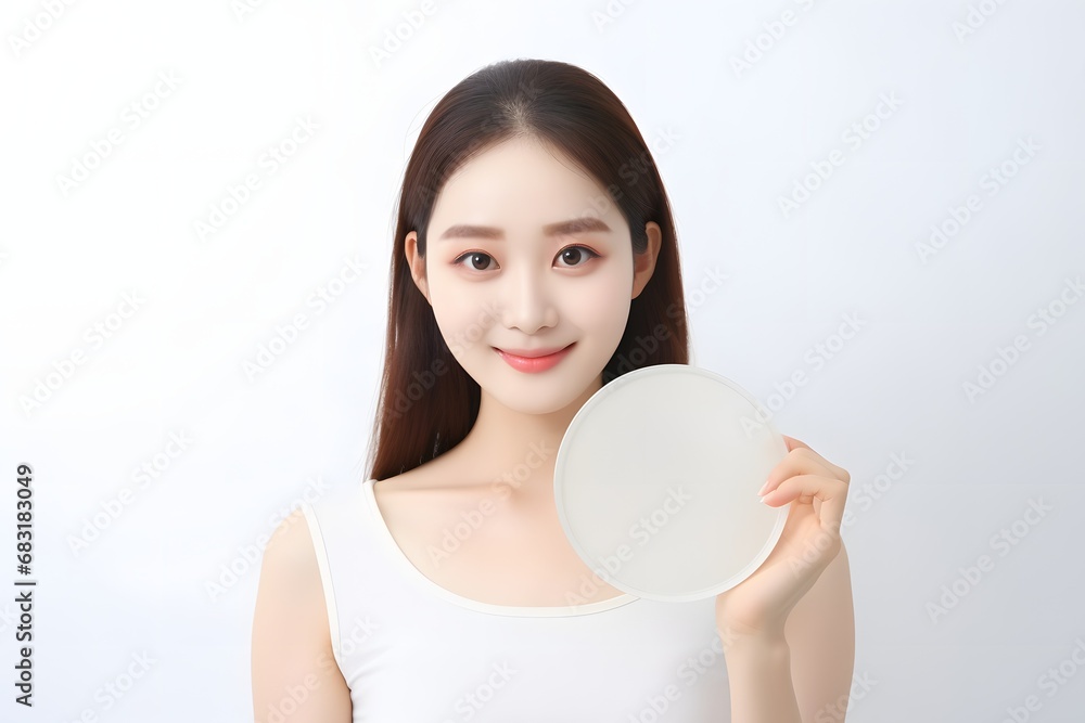 Happy young woman holding a white plate with a cheerful smile on her face, isolated on a white background. Generative AI Happy young woman holding a white plate with a cheerful smile on her face, isolated on a white background. Generative AI