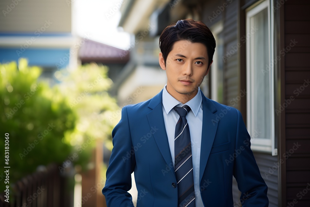 Confident Asian Businessman in Blue Suit and Tie Standing Proudly Outside a Modern House with a Smile Generative AI Confident Asian Businessman in Blue Suit and Tie Standing Proudly Outside a Modern House with a Smile Generative AI
