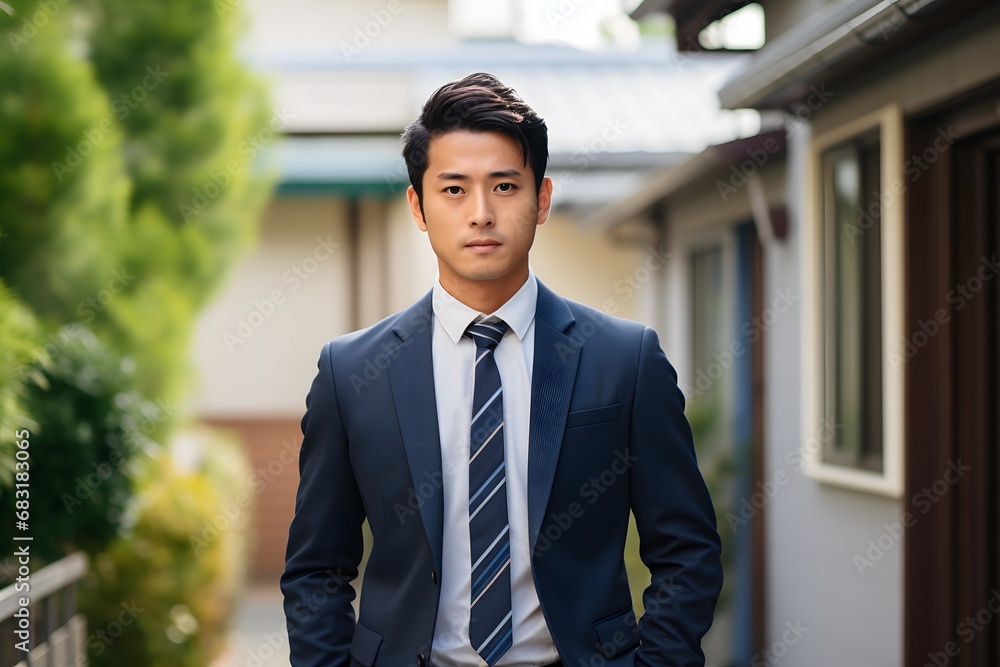 Confident Asian Businessman in Formal Attire Standing Proudly in Front of a Beautiful House with a Garden Generative AI Confident Asian Businessman in Formal Attire Standing Proudly in Front of a Beautiful House with a Garden Generative AI
