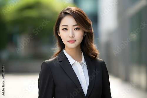 Confident businesswoman in black suit and white shirt posing for professional headshot photo shoot. Generative AI