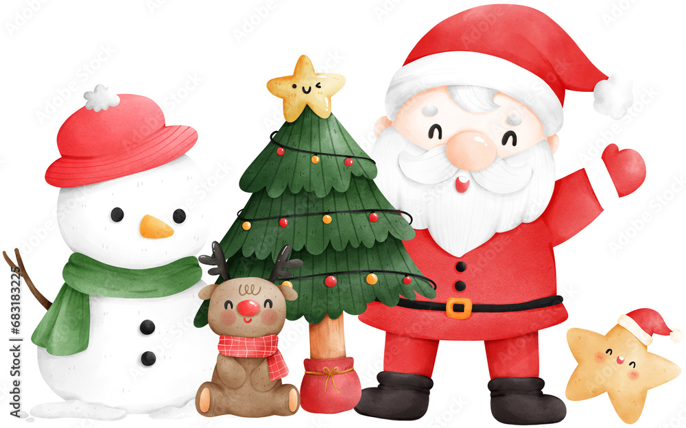 Cute cartoon Santa Claus with snowman christmas tree watercolor illustration