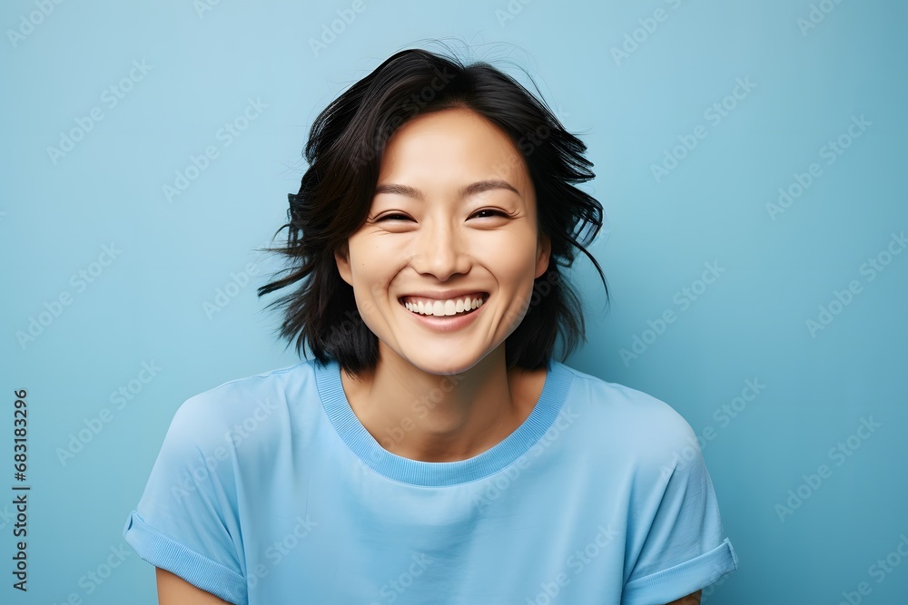 Happy young woman with stylish short black hair and blue shirt posing against a vibrant blue background. Generative AI Happy young woman with stylish short black hair and blue shirt posing against a vibrant blue background. Generative AI