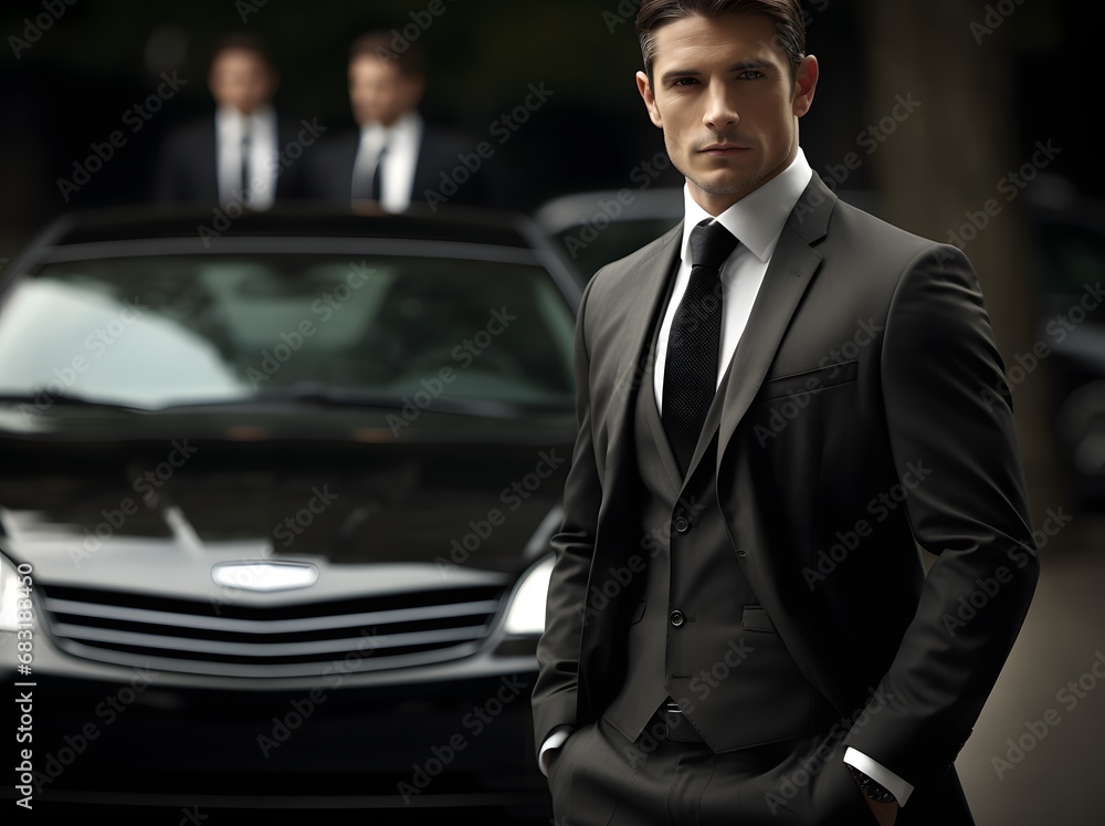 Confident Businessman in Formal Attire Posing with Luxury Car in the Background Generative AI