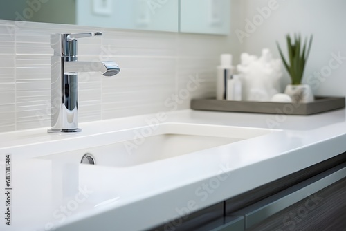 Clean and Modern Bathroom with White Sink and Mirror for Refreshing Morning Routines Generative AI