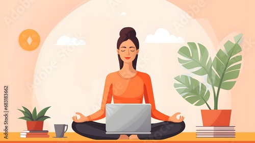Wallpaper Mural Serene Businesswoman Working from Home in Lotus Position with Laptop on Wooden Floor Generative AI Torontodigital.ca
