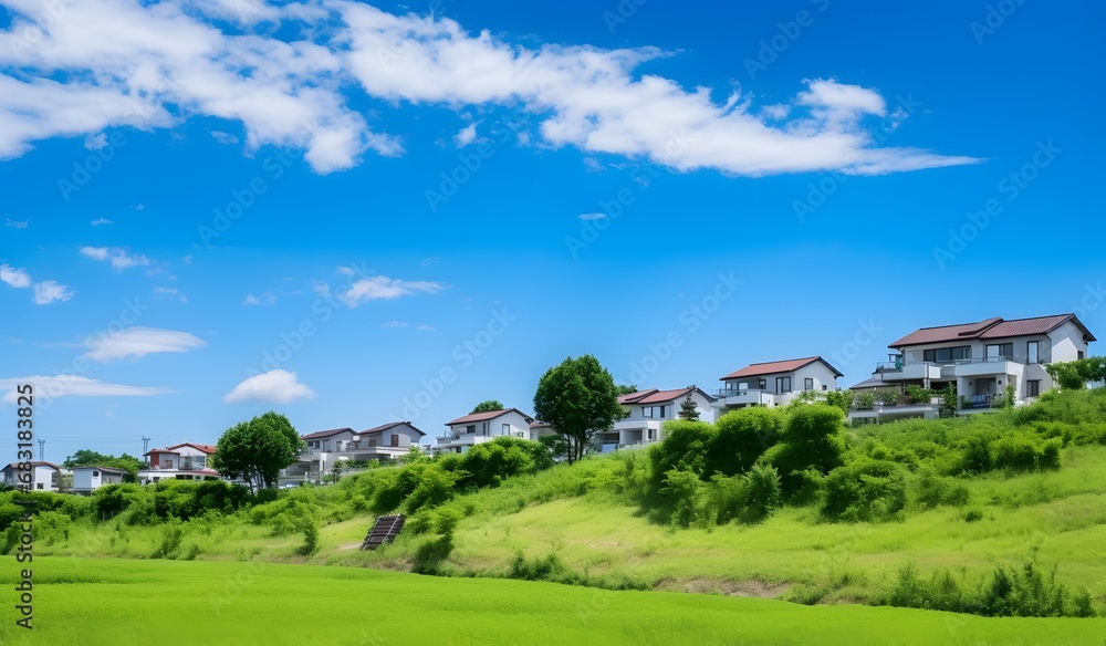 Idyllic Countryside Landscape with Colorful Houses on Rolling Green Hills and Clear Blue Sky Generative AI