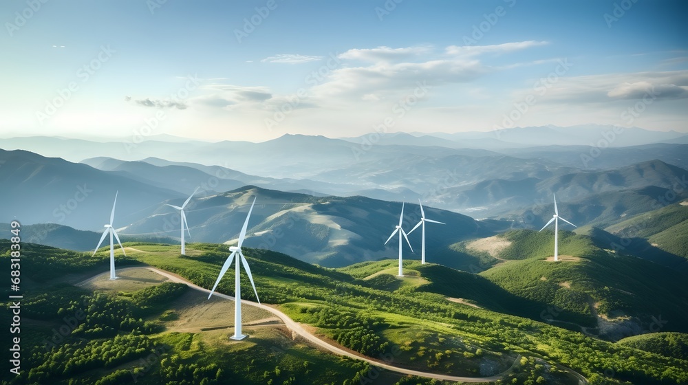 Scenic Mountain Landscape with Majestic Wind Turbines Generating Renewable Energy in the Distance Generative AI Scenic Mountain Landscape with Majestic Wind Turbines Generating Renewable Energy in the Distance Generative AI