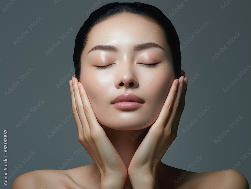 Relaxing Woman with Closed Eyes and Hands on Face in Serene Meditation Pose Generative AI Relaxing Woman with Closed Eyes and Hands on Face in Serene Meditation Pose Generative AI