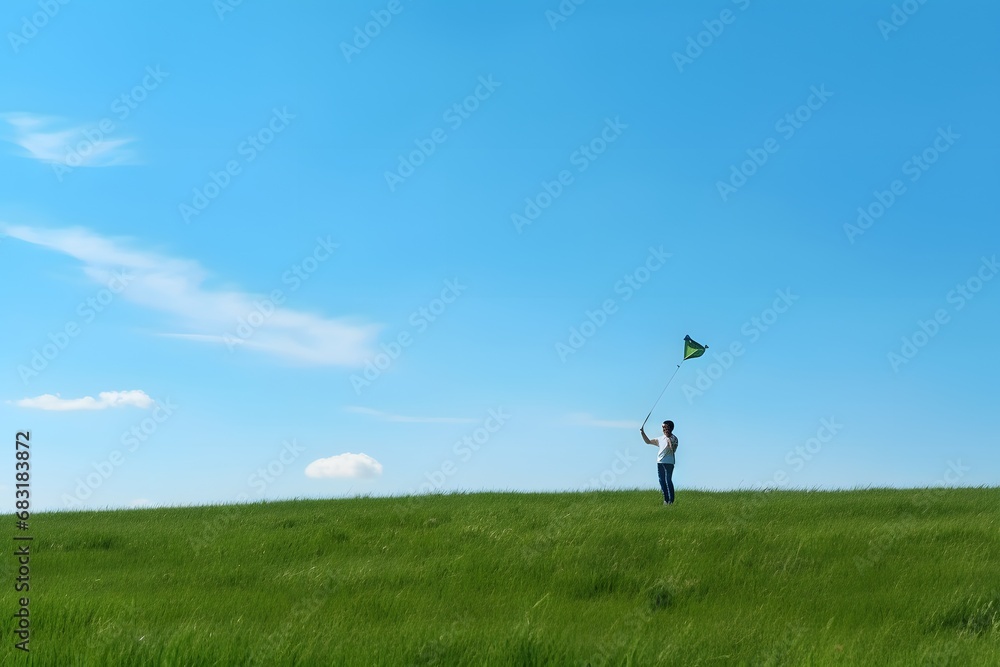 Happy Giraffe Enjoying a Sunny Day Flying a Colorful Kite in a Lush Green Field Generative AI